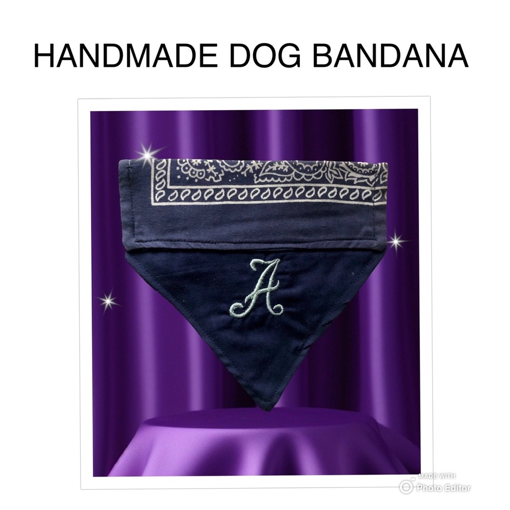HANDMADE DOG BANDANA PERSONALIZED MONOGRAM “A” REVERSIBLE SLIP ON COLLAR